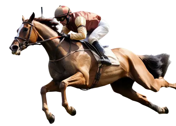 Un jockey vêtu d'une tenue marron et beige se penche en avant sur un cheval brun au galop, sur fond noir, exprimant vitesse et concentration.