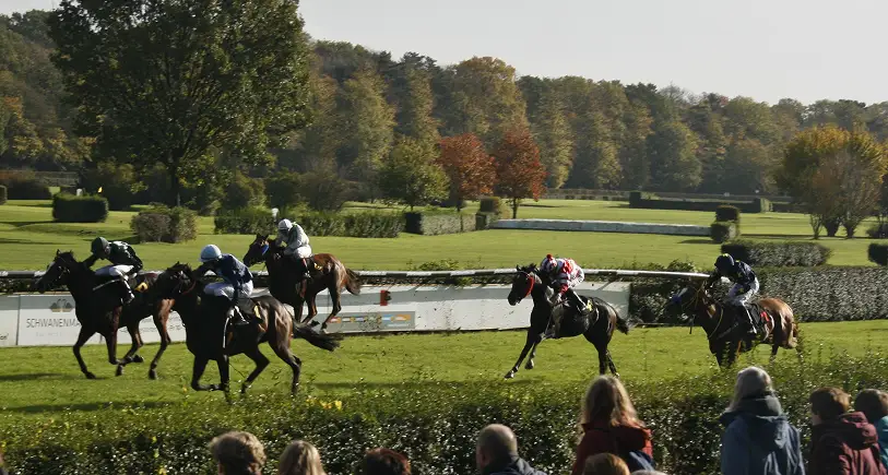 Course hippique avec des jockeys vêtus de tenues colorées qui s'affrontent sur une piste verdoyante sous un ciel dégagé. Au premier plan, les spectateurs regardent attentivement.